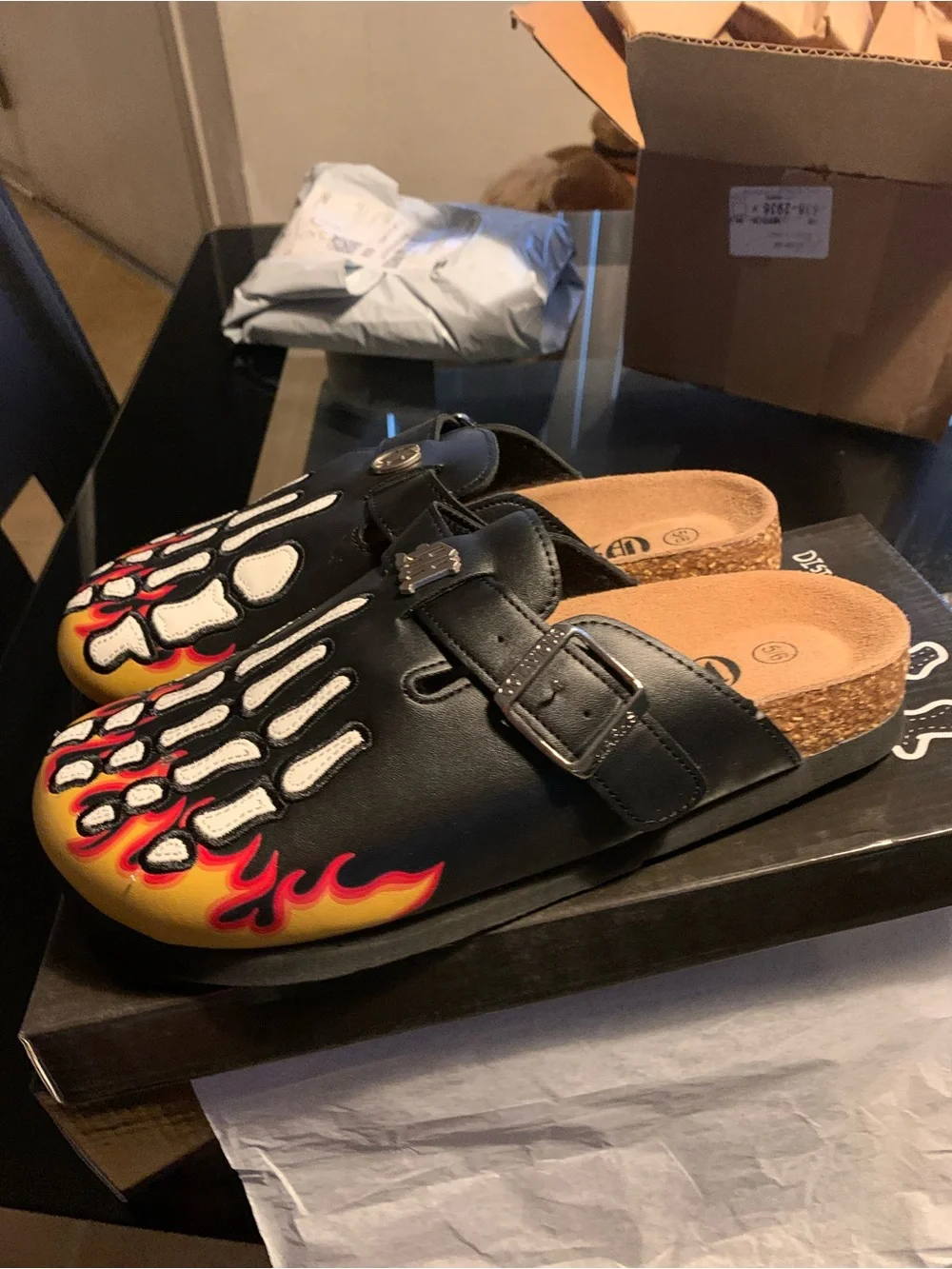 Black Flame Skeletal Slip-On Clogs with Buckle Strap